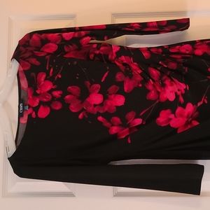 Chaps Boatneck Dress, 3/4 Sleeve, Black  Red Floral Print. Size Small S